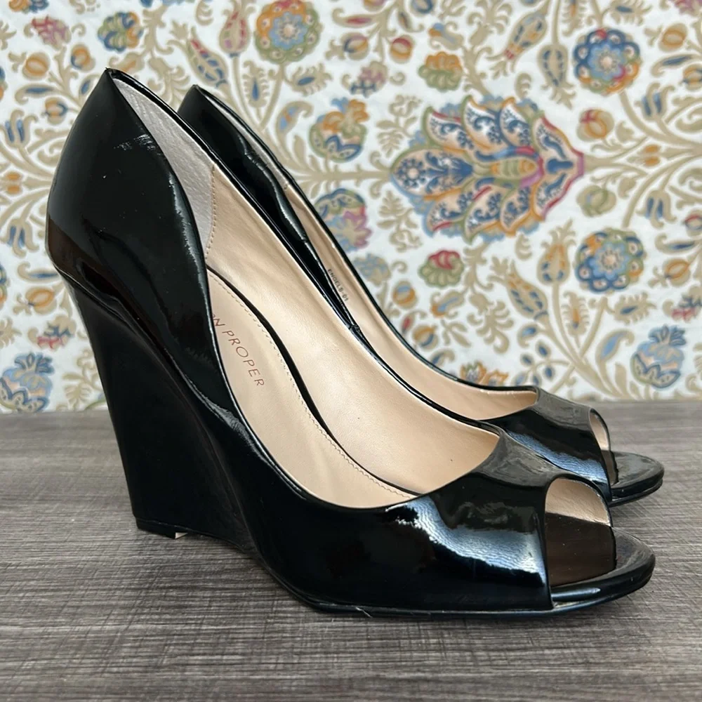 Boston Proper Black‎ Patent Leather Peep Toe Wedges Shoes Office Date Night 7M